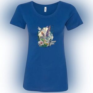 Embroidered Dragonfly Floral T-Shirt – Nature Garden Women’s Tee